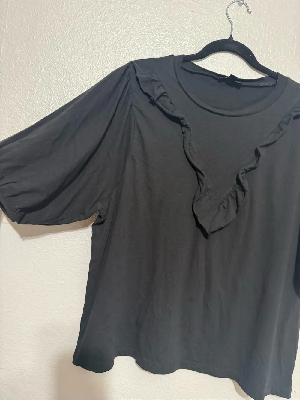 J. Crew Black Ruffled Bib Puff Sleeve Cotton Top